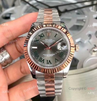 Copy Rolex Wimbledon Datejust Gray Dial 2-Tone Rose Gold President Watch 40mm